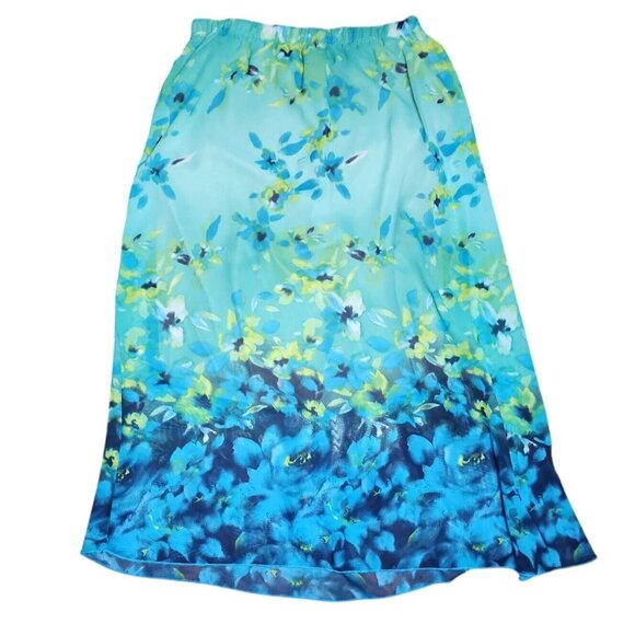 ONE WORLD Blue Green Floral Chiffon Pull On Long Maxi Skirt Womens Size M Medium - Picture 6 of 6